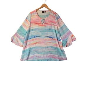 Rafaella Woman Watercolor Stripe‎ Blouse L Flowy Pleated Cuff Boho Resort Top